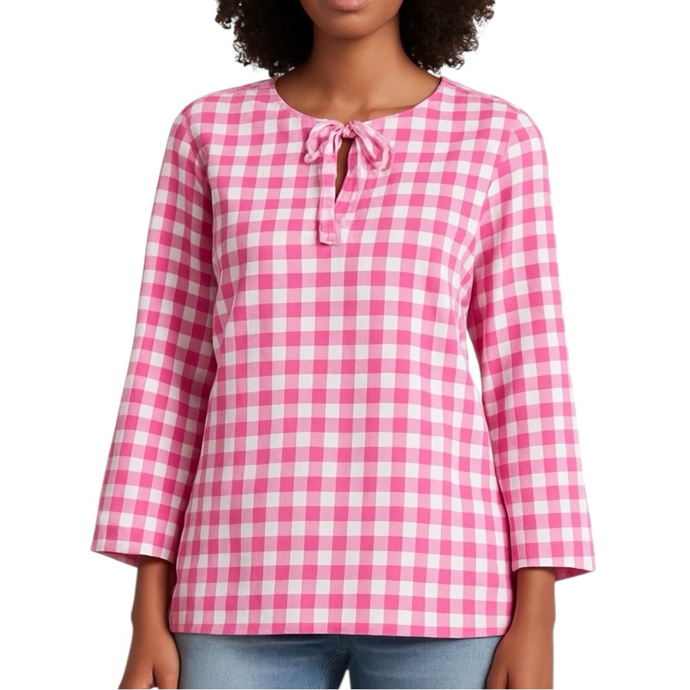 Talbots Pink White Gingham Cotton Tunic Top Large 3/4 Sleeve Keyhole Neck